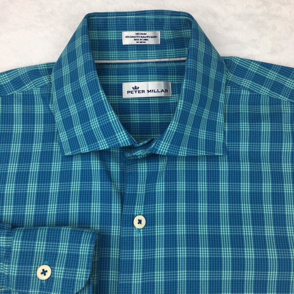 Peter Millar Crown Men's Medium Dress Shirt Blue Green Check Long Sleeve